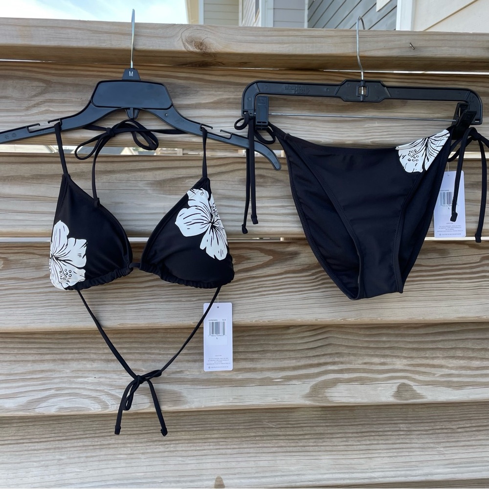Hurley black white tropical floral print string bikini swimsuit Women Large NWT